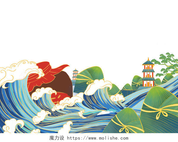 彩色手绘古风国潮中国风海浪海水粽子建筑元素PNG素材